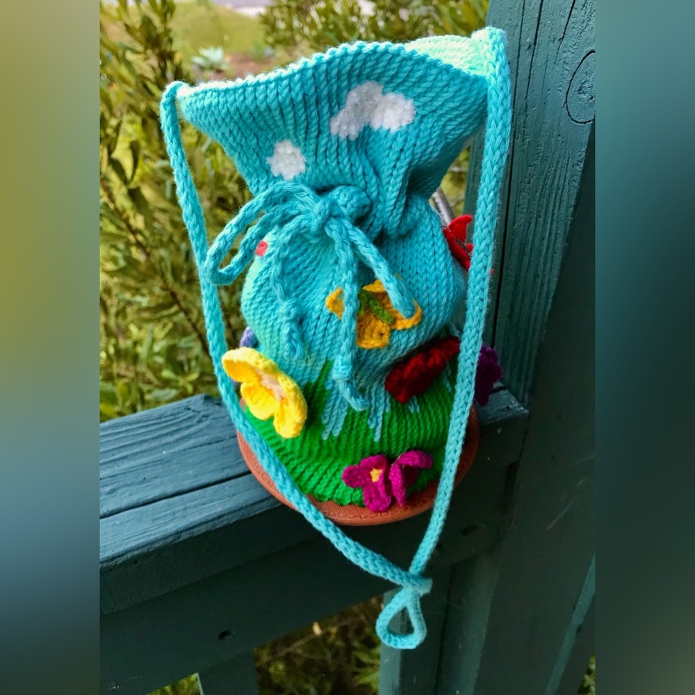 Handmade Knit & Crochet Nice Day Round Small Floral Butterfly Crossbody Bag - Picture 2 of 16